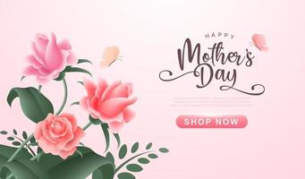 feliz día de la madre con hermosas flores sobre fondo rosa suave. diseño de ilustración de vector de tarjeta de felicitación o invitación vintage para el día de mamá, san valentín y boda