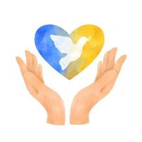 Beauty woman hand holding Ukraine blue and yellow heart with dove bird inside in watercolor style. Isolated on white background vector