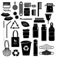 Big set of black Zero Waste recycle and reusable products vector