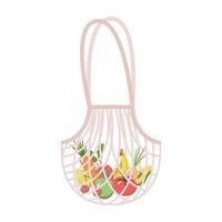 Mesh or net bag with fruits and vegetables isolated on white background. vector