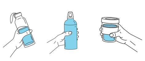 Reusable container for liquids. Various poses of hands holding a bottle vector