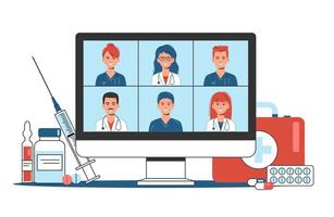 online medical consultation and support concept, healthcare services, group of doctors on computer vector
