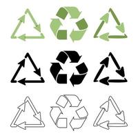 Recicle el conjunto de iconos de flechas ecológicas verdes y negras. símbolo de reciclaje. vector