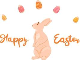 Happy Easter illustration with cute Easter Bunny, eggs and lettering. Vector greeting card template