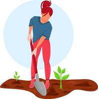 Girl with shovel planting seedlings of new crop. Agriculture and farming concept of vector illustration