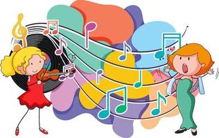 Happy children playing violin and sing with music notes on white background vector