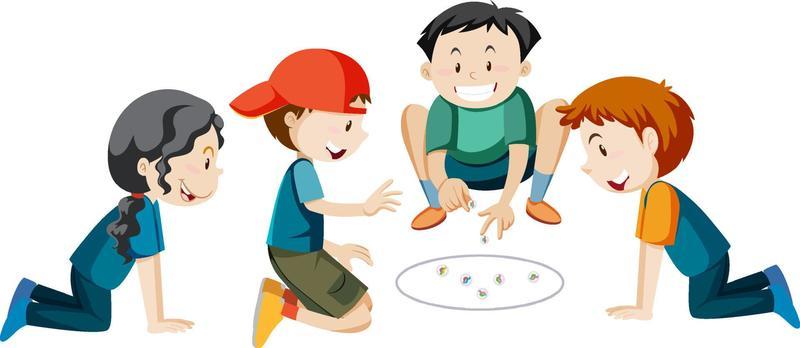 Children playing marbles on white background