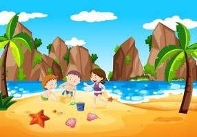 Kids building sand castle on the beach vector