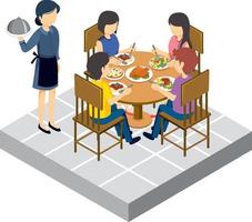 Family dining table with a waitress isometric vector