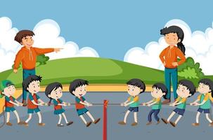 Children playing tug of war game vector