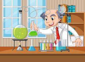 escena de laboratorio con personaje de dibujos animados científico vector