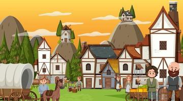 Medieval town scene with villagers vector