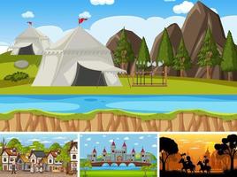 Set of different scene medieval with silhouette vector