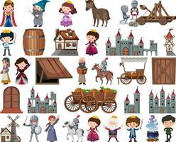 Medieval characters buildings set vector