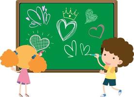 Two kids drawing heart doodle on chalkboard vector