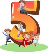 Five kids with number five cartoon vector