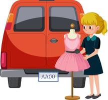 Girl looking at pink dress behind the van vector