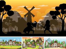 Set of different scene medieval with silhouette vector