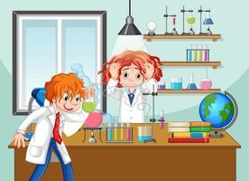 Classroom scene with scientist doing experiment vector