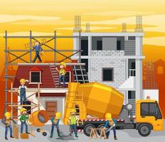 sitio de construcción de edificios con trabajadores vector