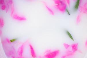 Baby bath and peony flowers. pink peonies. children's bath on green background. photo