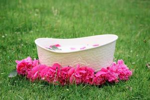 Baby bath and peony flowers. pink peonies. children's bath on green background. photo