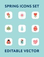 Spring icons vector app set. Simple easter flat designs. Group of colorful  cheerful symbols on isolated background.