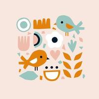 scandinavian baby card. Cute birds with flowers in a modern style. Spring poster in a square vector