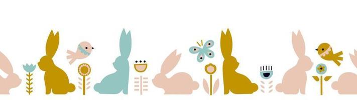 Horizontal background with rabbits and flowers. Easter glider in modern boho style vector