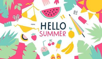 Hello summer background. The concept of a vacation with a swimsuit and fruit. Vector banner