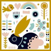 Spring card with a rabbit in boho style. Nordic Folk design vector