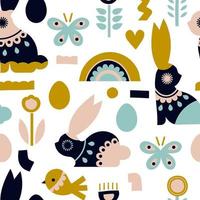 Seamless folk pattern with rabbits. Vector background for Easter