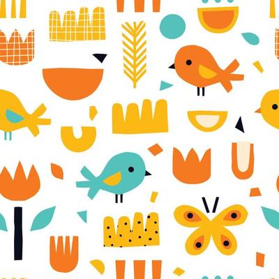 Bright spring seamless pattern in a modern style. Vector abstract pattern with birds, flowers and butterflies.