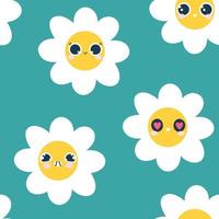 Cute seamless pattern with daisies. The chamomiles are smiling. Vector background in modern retro style