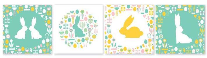 A set of cute Easter cards with rabbits. Vector illustrations in a round frame