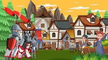escena de la ciudad medieval con aldeanos. vector