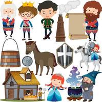 Medieval characters buildings set vector