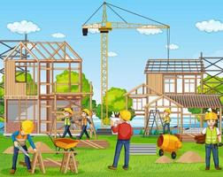 sitio de construcción de edificios con trabajadores vector