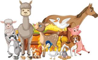 Many farm animals standing by the fence vector