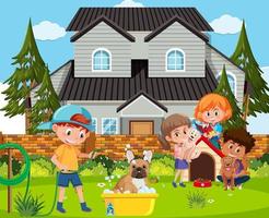 Outdoor scene with children washing their dogs vector
