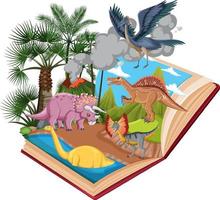 escena en libro con dinosaurios en el bosque vector