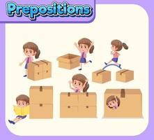 Prepostion wordcard design with girl and boxes vector