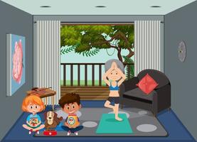 haciendo yoga en casa concepto de dibujos animados vector