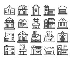 bank, factory and castle building line icons set vector