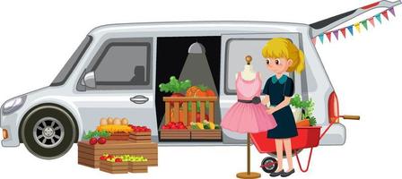 Woman and vegetable van at the market vector