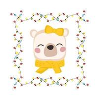 Cute white polar bear with bow and scarf in childish style with frame made of festive garlands with lights. Funny animal with happy face. Vector flat illustration for holiday