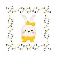 Cute white rabbit or hare with bow and scarf in childish style with frame made of festive garlands with lights. Funny animal with happy face. Vector flat illustration for holiday