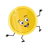 Cute golden coin character with happy emotion, joyful face, smile eyes, arms and legs. Money person with funny expression and pose. Vector flat illustration