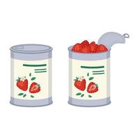 Red strawberry in open and closed tin. Ready made sweet food, delicious berry dessert. Vector flat illustration