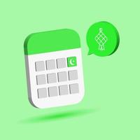 recordatorio de fecha de eid mubarak en ilustración de calendario de estilo 3d con icono de ketupat vector